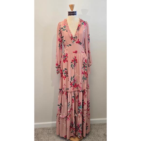 VICI Pink Floral Print Long Sleeve Ruffle & backless Maxi Dress Sz Medium - Picture 2 of 14